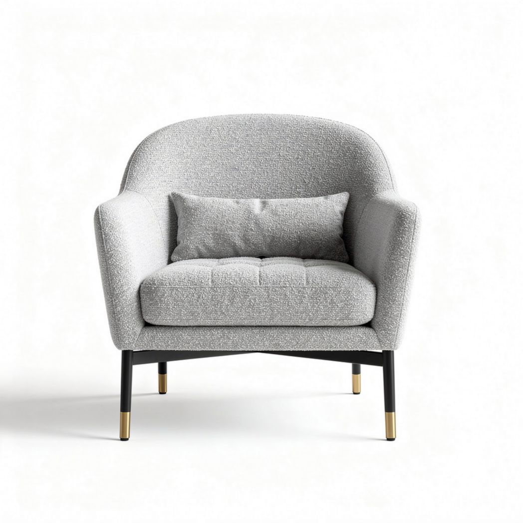Grijze fauteuil met kussen van stof en zwart metalen onderstel 80 x 80 x 75cm