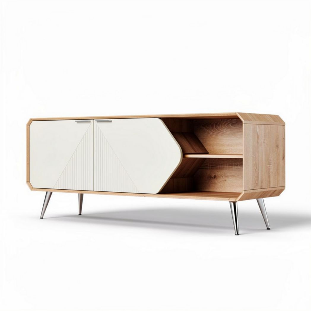 Moderne tv-meubel van hout met wit kunststof front 150 x 40 x 60cm
