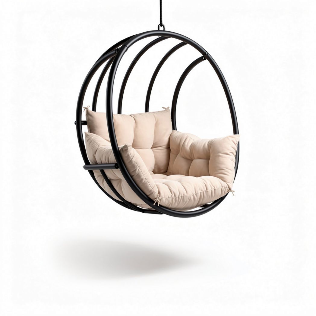 Hangende stoel van staal met kussen van polyester in beige 100 x 100 x 90cm