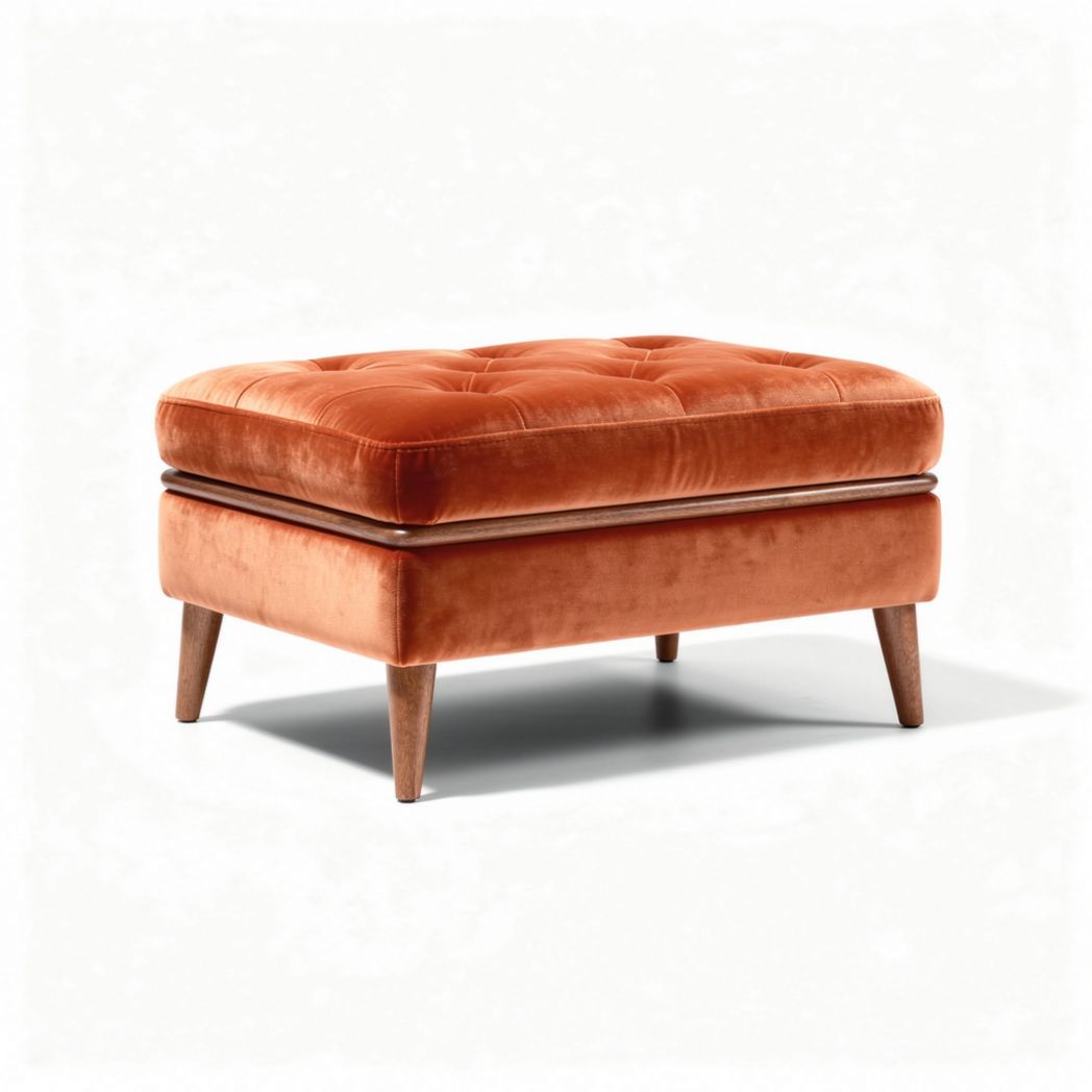 Ottoman van oranje fluweel met houten poten 60 x 50 x 40cm