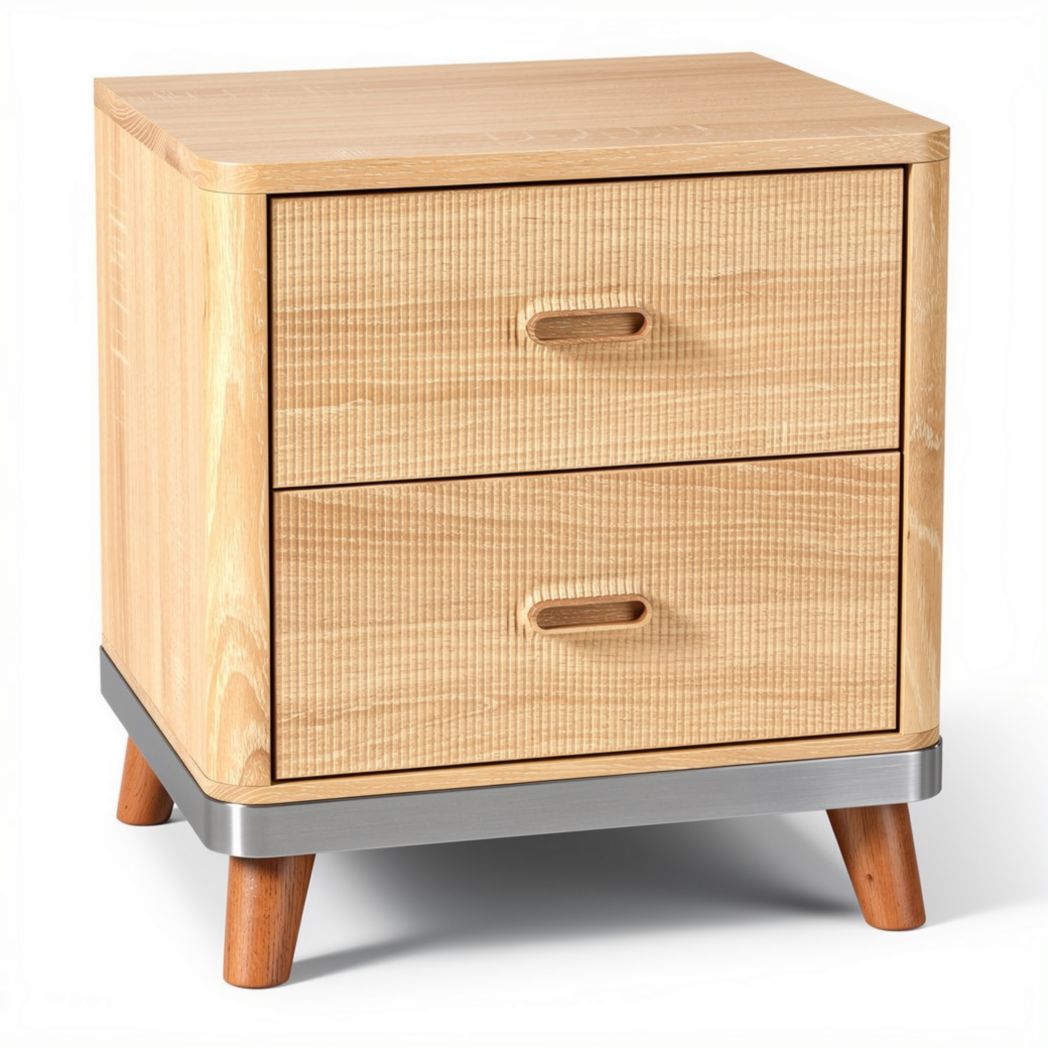 Nachttafel van hout met metalen rand en twee lades 40 x 40 x 50cm