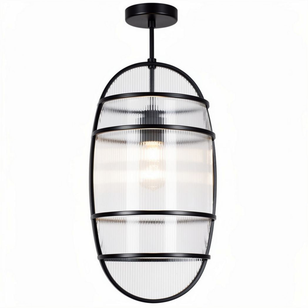 Hanglamp met glazen kap en zwart metalen frame 30 x 15 x 60cm